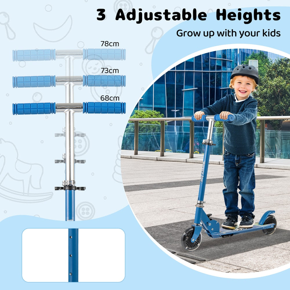 Close-up of the adjustable handlebar of the blue scooter at three different heights