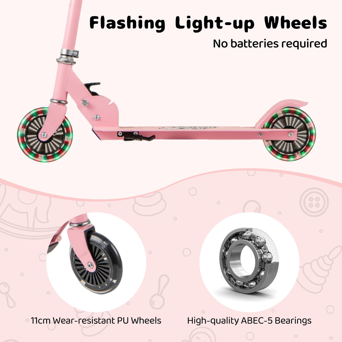 Close-up of the pink scooter's light-up wheels and bearings