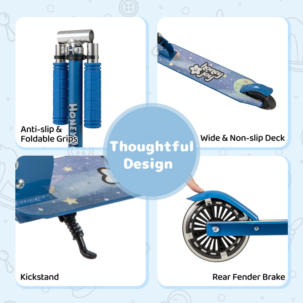 Collage showing close-ups of the scooter's non-slip deck, kickstand, and rear fender brake