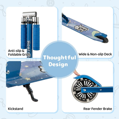 Collage showing close-ups of the scooter's non-slip deck, kickstand, and rear fender brake