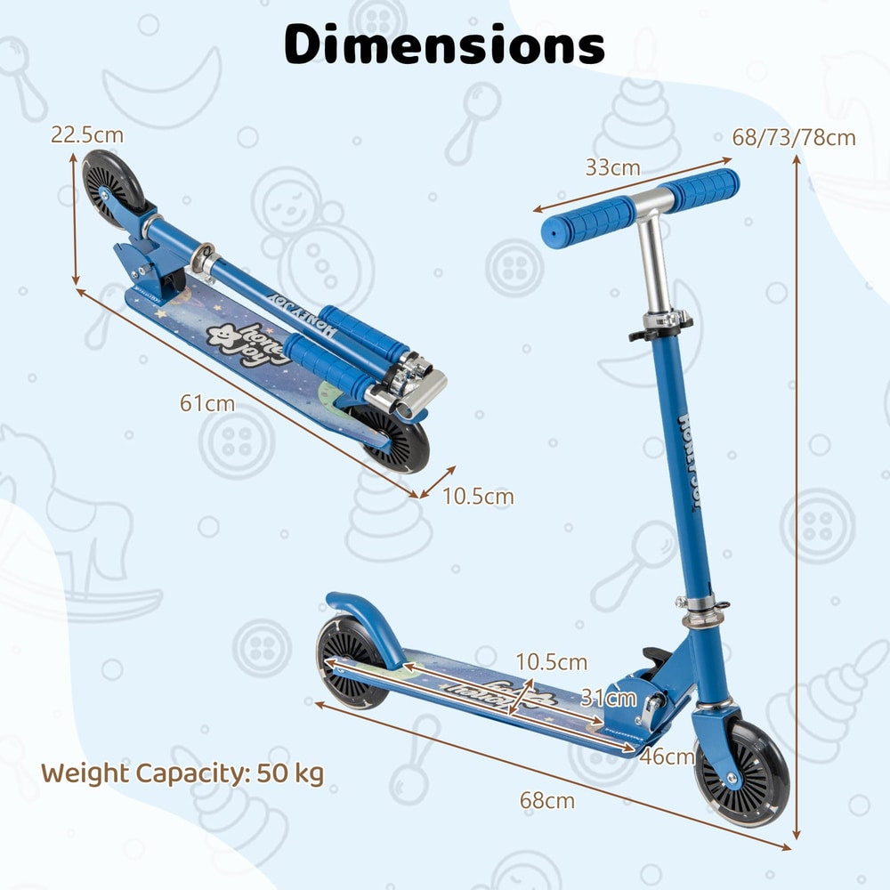 Diagram showing the dimensions of the blue scooter, including height and length