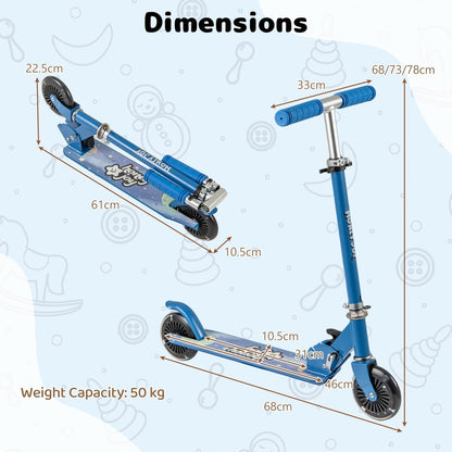 Diagram showing the dimensions of the blue scooter, including height and length