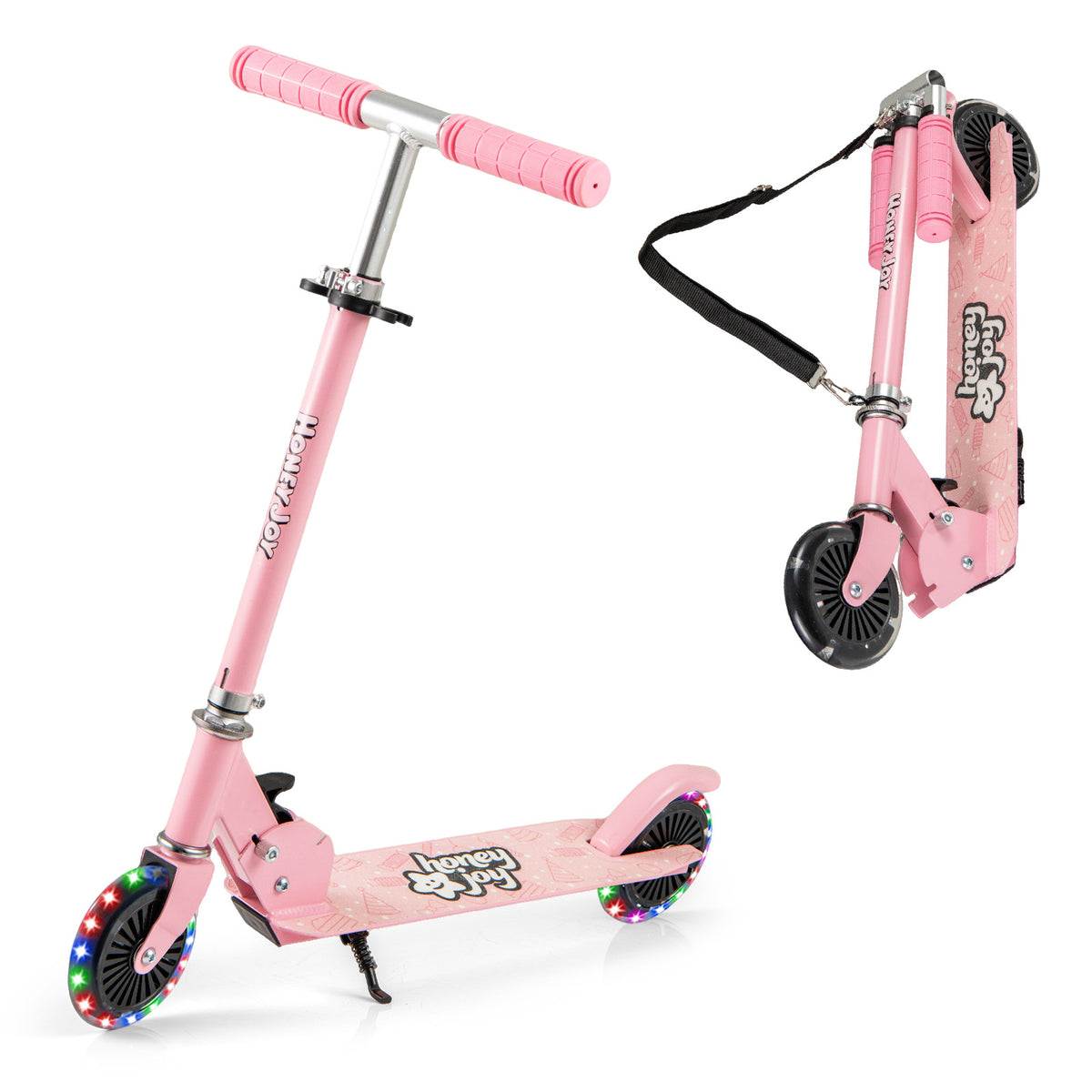 Foldable Kids Scooter Adjustable with Lighted Wheels and Kickstand in pink, shown folded and unfolded
