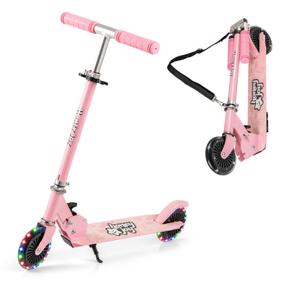 Foldable Kids Scooter Adjustable with Lighted Wheels and Kickstand in pink, shown folded and unfolded