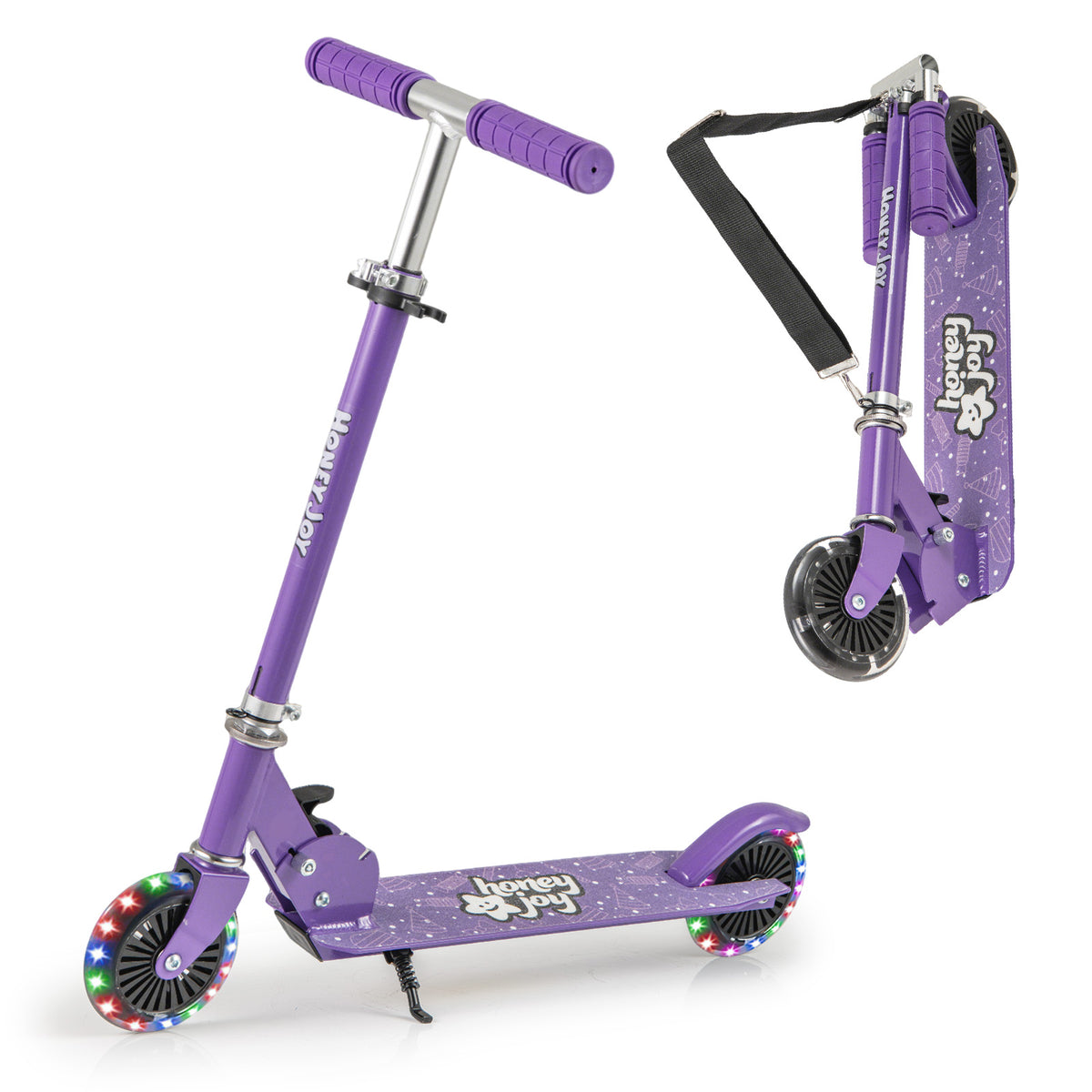 Foldable Kids Scooter Adjustable with Lighted Wheels and Kickstand in purple with lighted wheels and kickstand
