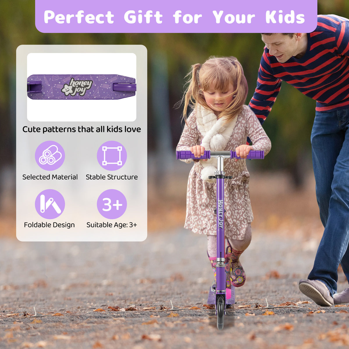A father and daughter with the purple foldable kids scooter adjustable with lighted wheels and kickstand