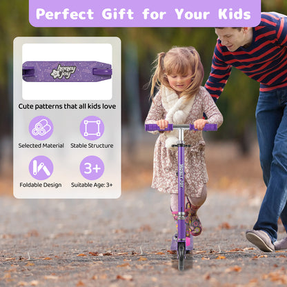 A father and daughter with the purple foldable kids scooter adjustable with lighted wheels and kickstand