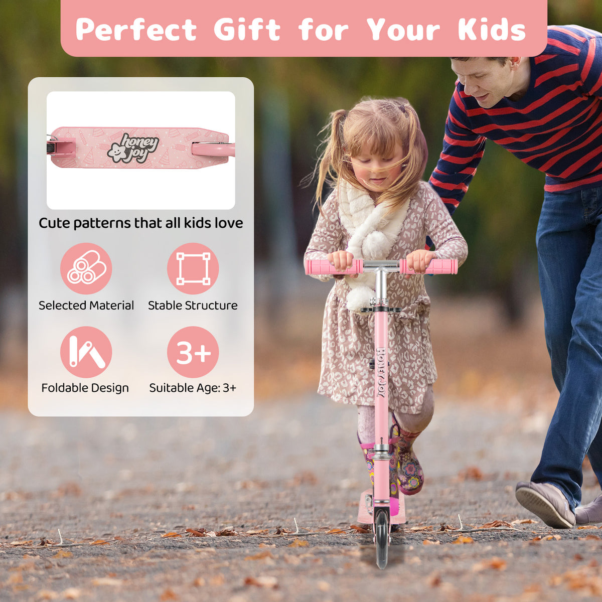 A girl receiving a pink scooter as a gift, with text about its features