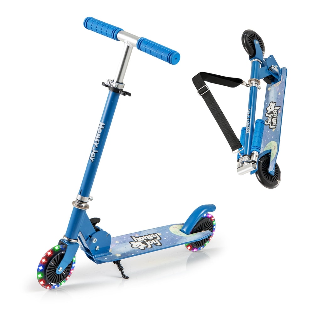 Foldable Kids Scooter Adjustable with Lighted Wheels and Kickstand in blue, shown unfolded and folded with a strap