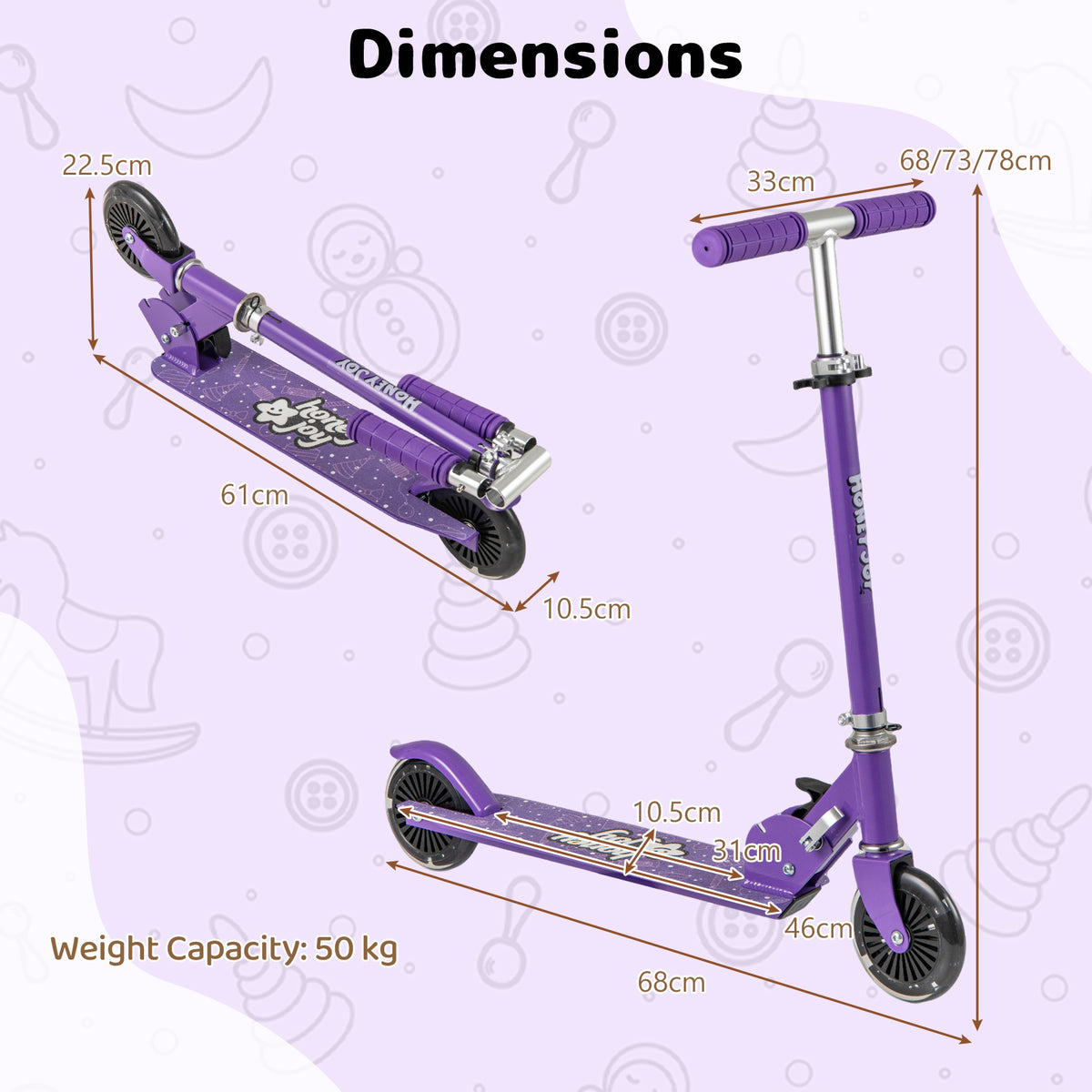 Dimensions diagram for the purple foldable kids scooter adjustable with lighted wheels and kickstand