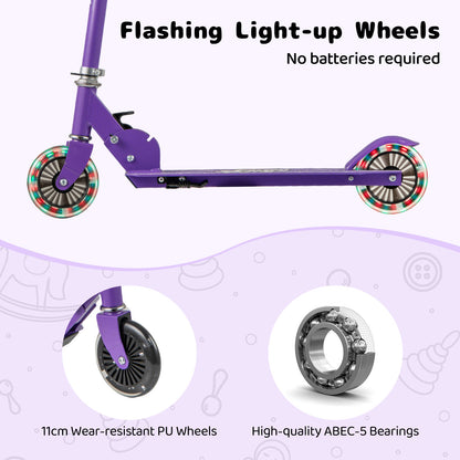Close up of the flashing light-up wheels and bearings on the purple foldable kids scooter