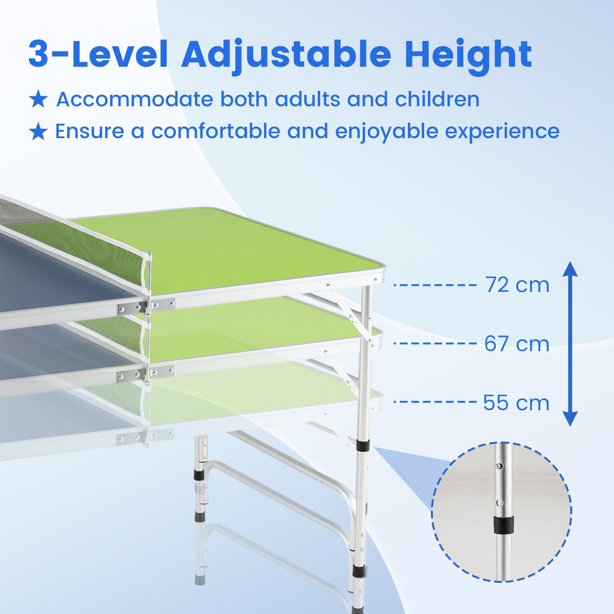Diagram showing the 3-level adjustable height of the table tennis table