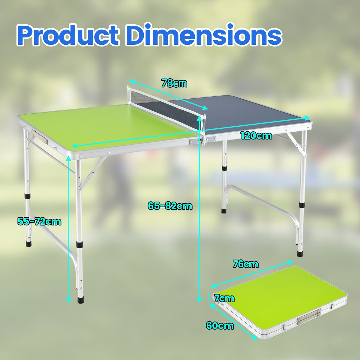 Dimensions diagram of the green and blue foldable table tennis table