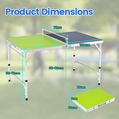 Dimensions diagram of the green and blue foldable table tennis table