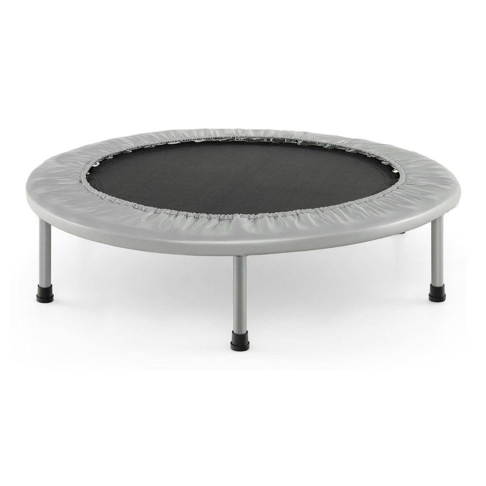 Foldable Mini Trampoline with Springs and Padded Cover in grey, shown from a front view on a white background