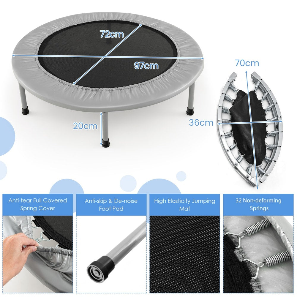 Diagram showing the dimensions and parts of the grey foldable mini trampoline