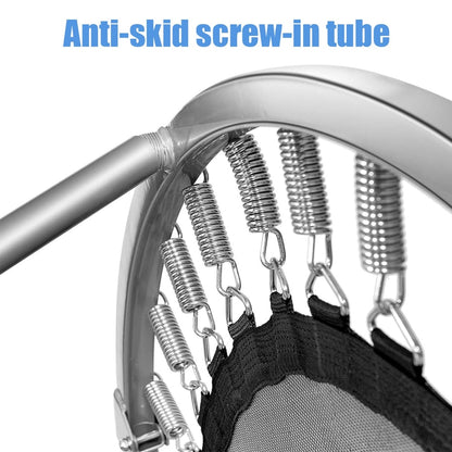 Close-up of the anti-skid screw-in tube and springs of the grey foldable mini trampoline