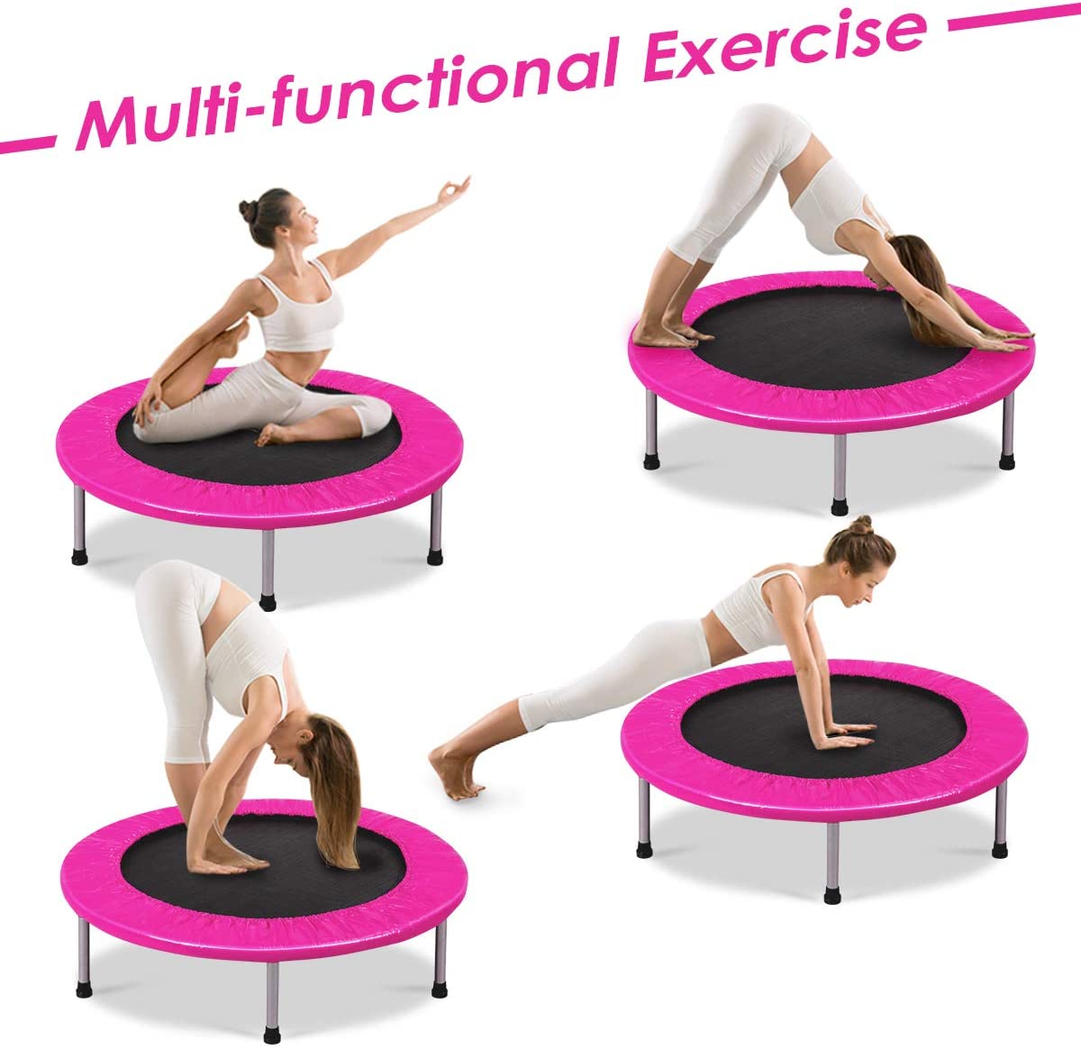 Four different yoga poses performed on the pink mini trampoline