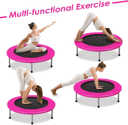 Four different yoga poses performed on the pink mini trampoline
