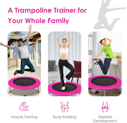 Three different people using the pink trampoline for exercise