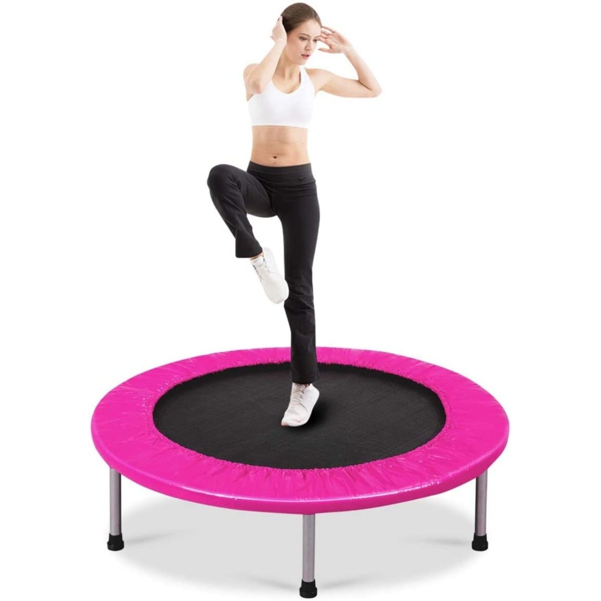 Foldable Mini Trampoline with Springs and Padded Cover-pink with a woman jumping