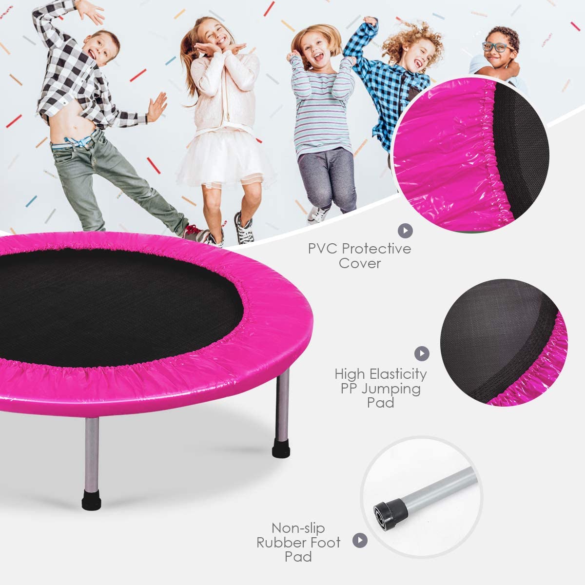 Close-up views of the pink trampoline's cover and feet