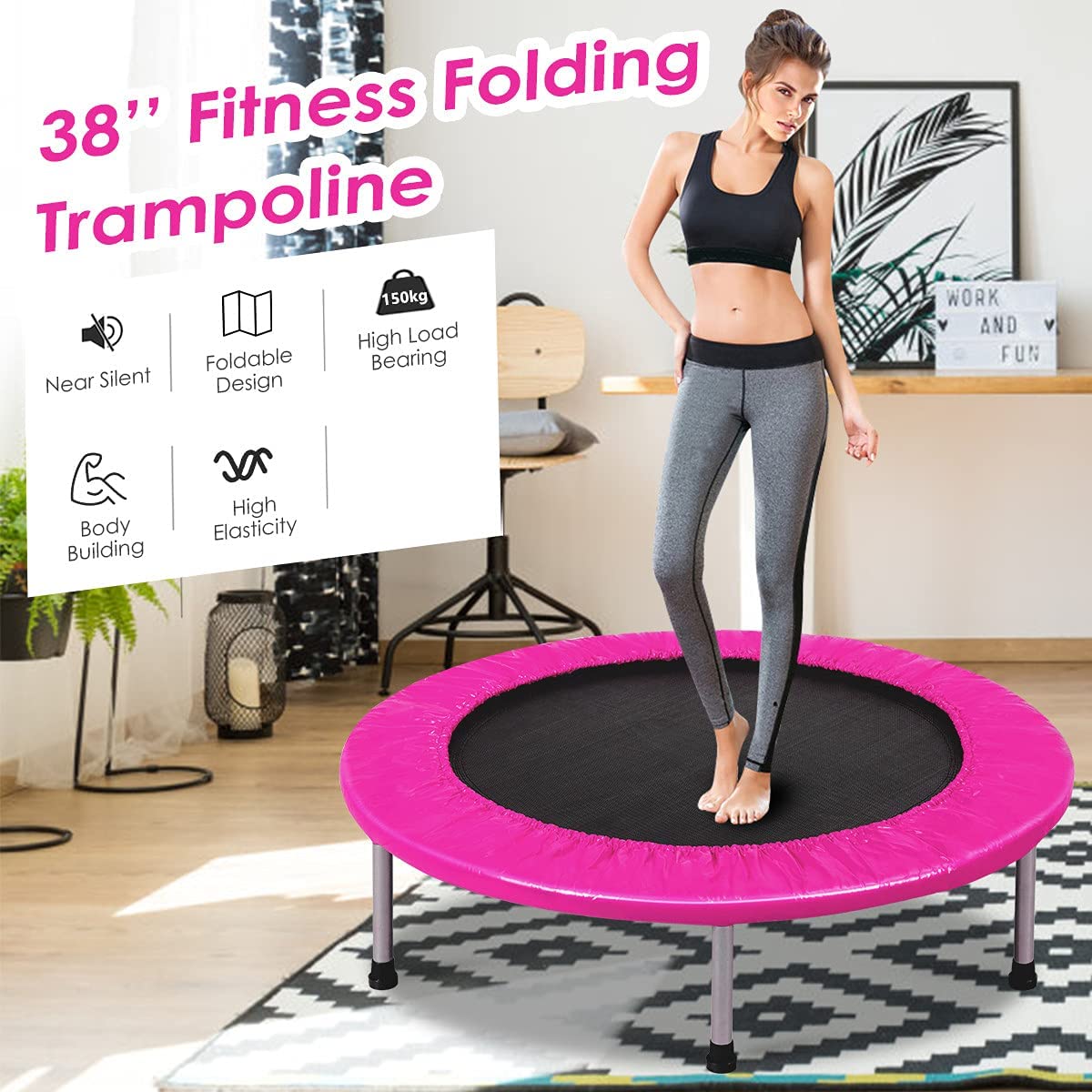 A woman standing on the pink trampoline with text about its features