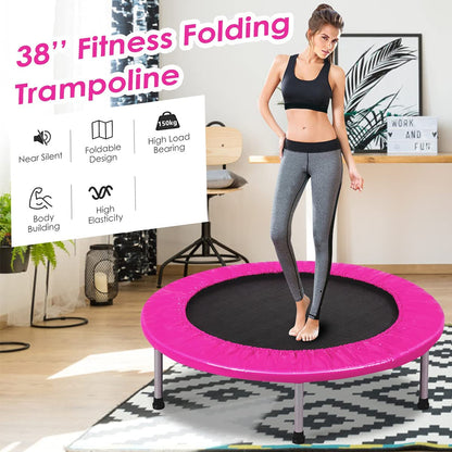 A woman standing on the pink trampoline with text about its features