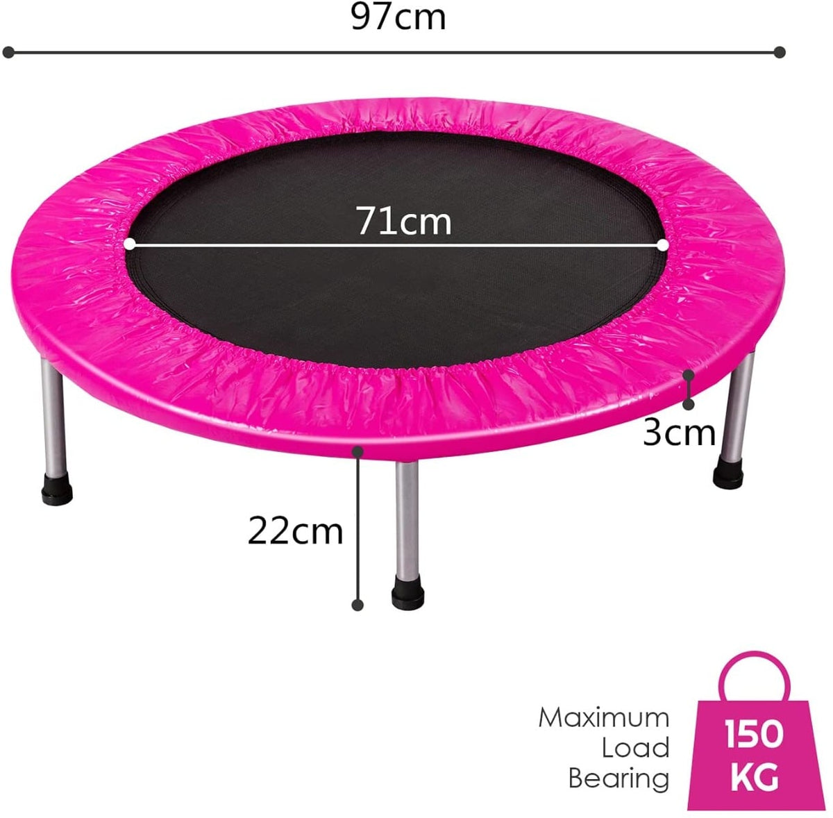 A diagram showing the dimensions of the pink mini trampoline