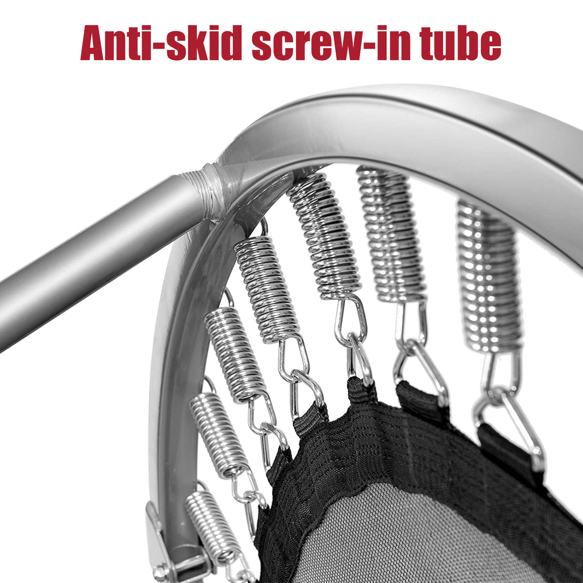Close-up of the anti-skid screw-in tube and springs of the red trampoline