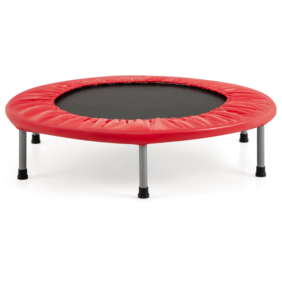Foldable Mini Trampoline with Springs and Padded Cover-Red, a red trampoline with a black jumping mat and four grey legs