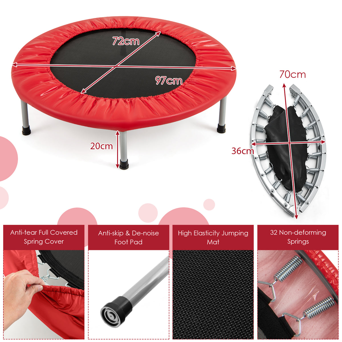 A diagram showing the dimensions of the red trampoline and its parts