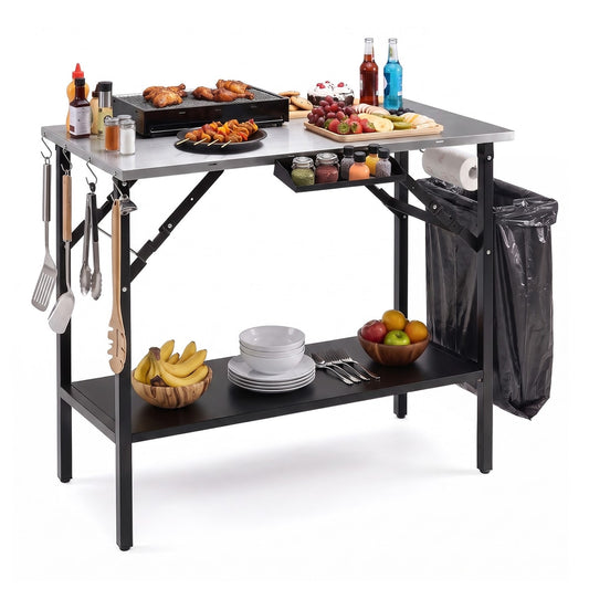 Foldable Outdoor Cook Station with Removable Shelves fully stocked with food and kitchen accessories