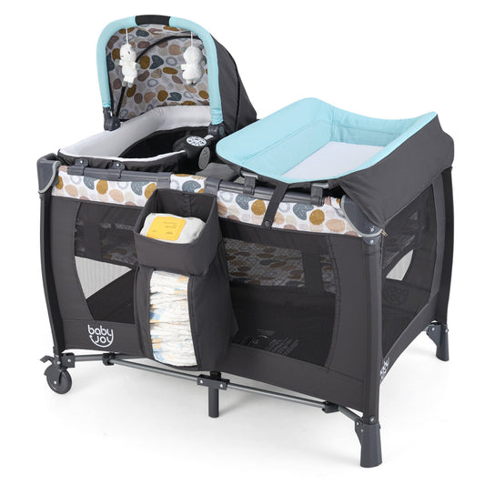 Foldable Pack and Play Portable Baby Playard with rocking bassinet and diaper changing table in blue