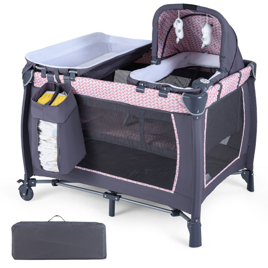 Foldable Pack and Play Portable Baby Playard with rocking bassinet and diaper changing table in light pink