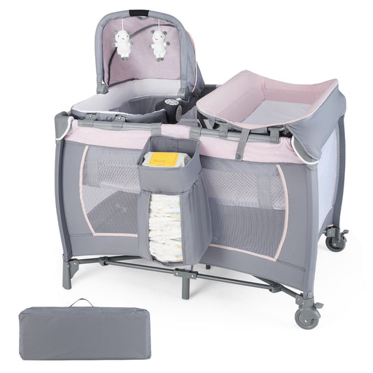 Foldable Pack and Play Portable Baby Playard with a storage bag placed in front on the floor