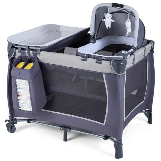 Foldable Pack and Play Portable Baby Playard with rocking bassinet and changing table attached