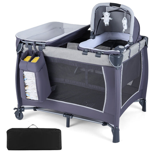 The portable baby playard and its carry bag shown separately