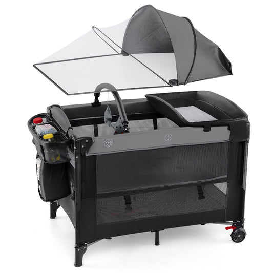Foldable Pack and Play with a canopy, changing table, and side storage pockets in dark black