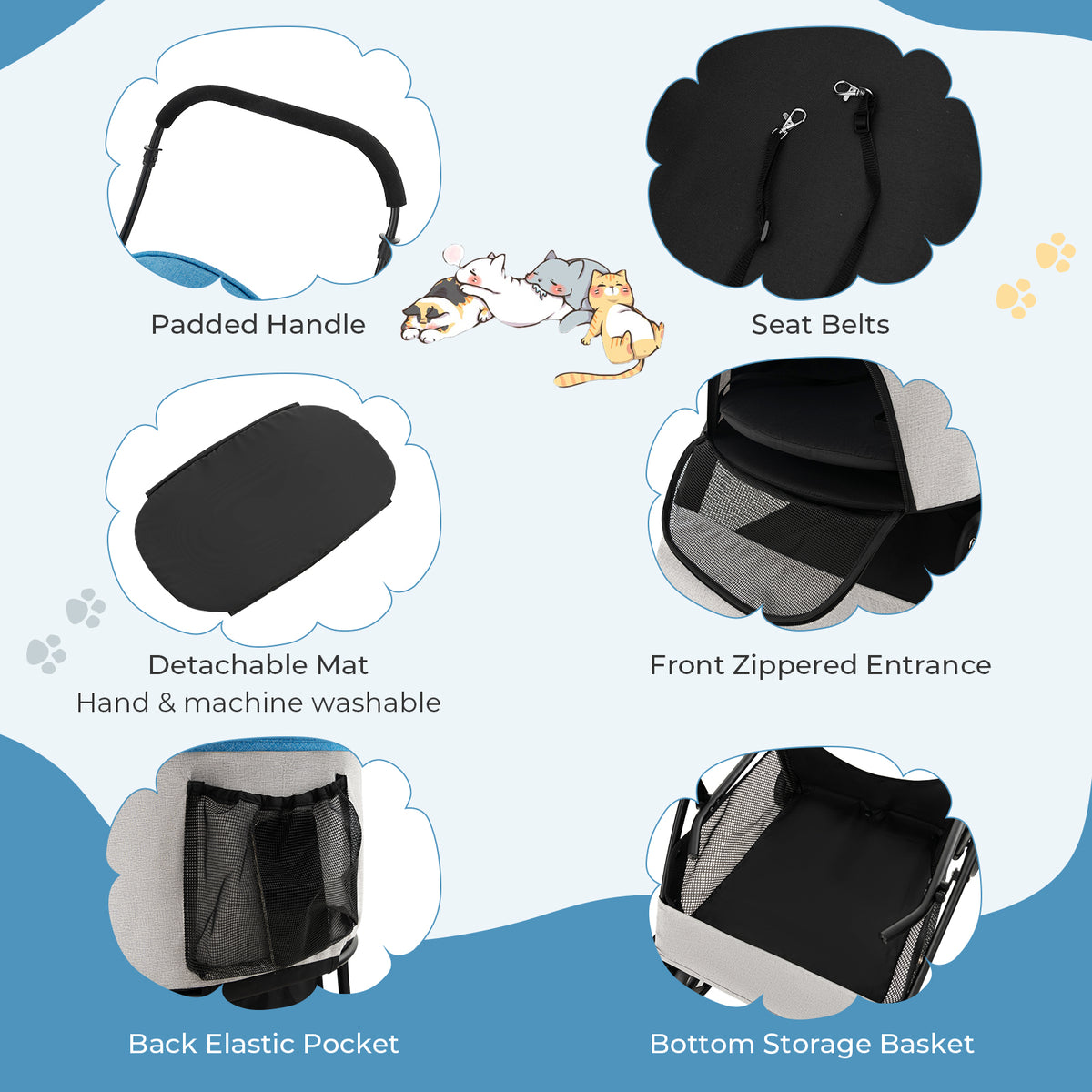 The dog stroller components including the handle, seat belts, mat, and storage