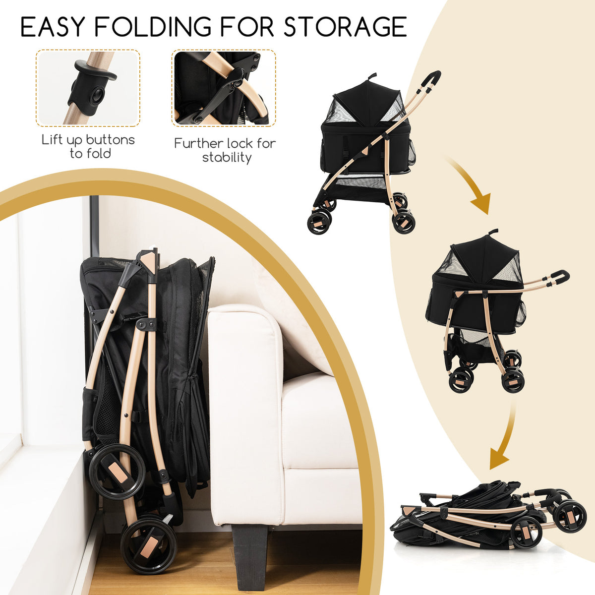 Collapsible dog stroller shown folded and unfolded next to a sofa for storage