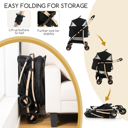 Collapsible dog stroller shown folded and unfolded next to a sofa for storage