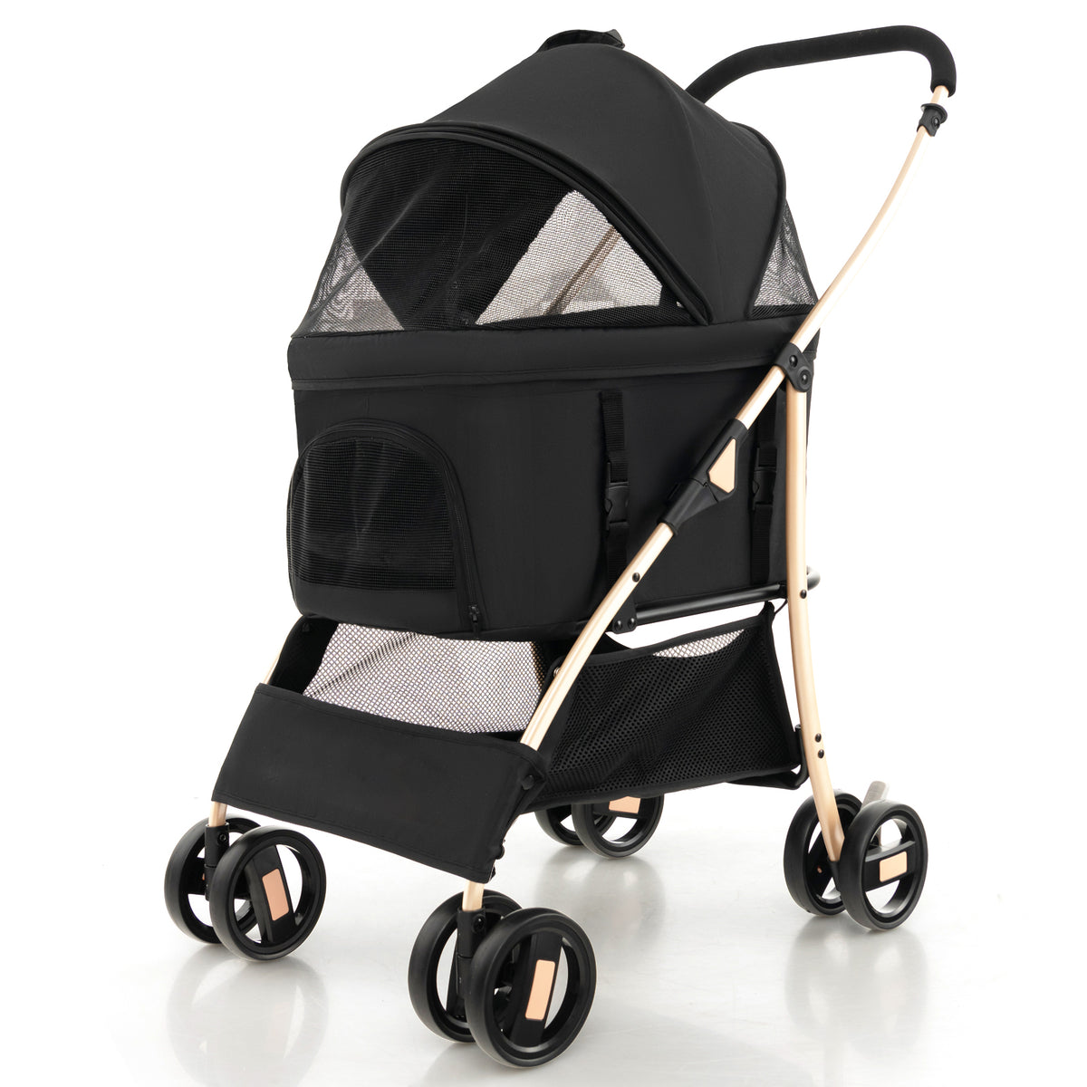 Foldable Pet Stroller in black and gold with a canopy and storage basket