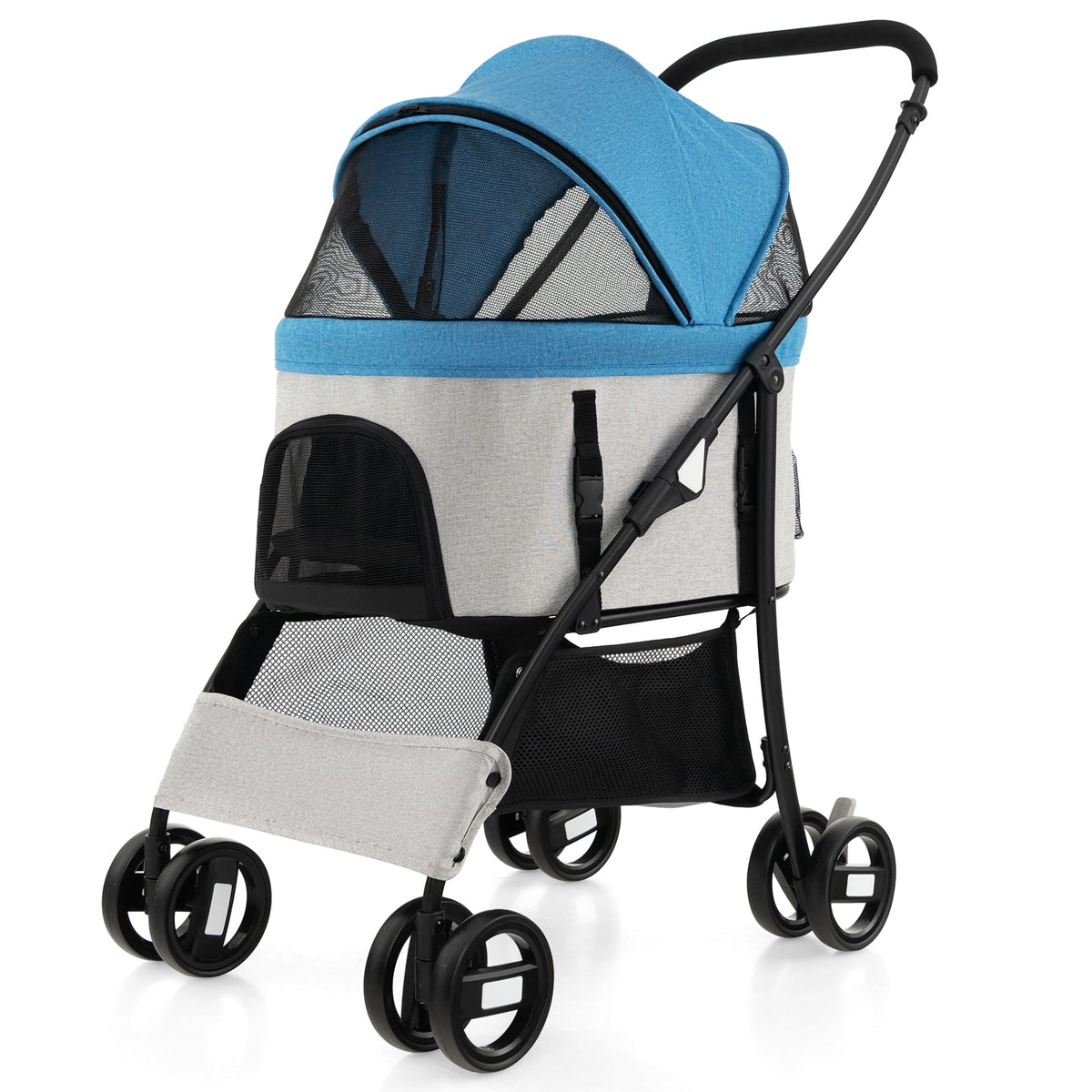 Foldable Pet Stroller with a blue canopy and grey fabric body on a white background