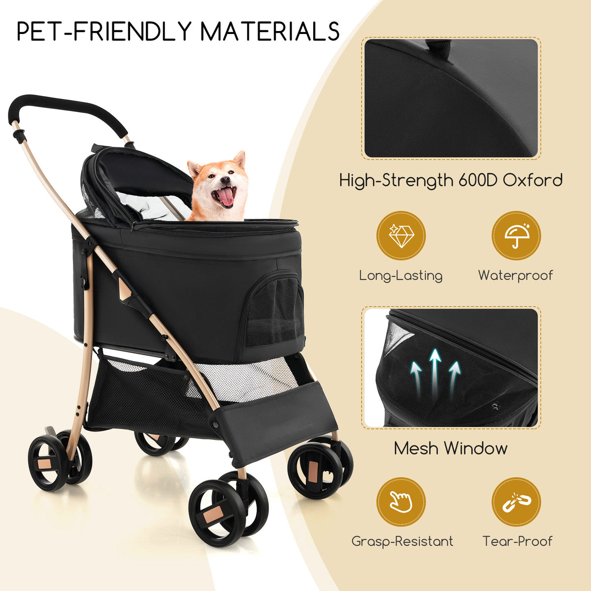 Close-up of the dog stroller showing pet-friendly materials and features