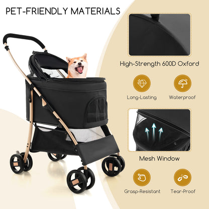 Close-up of the dog stroller showing pet-friendly materials and features