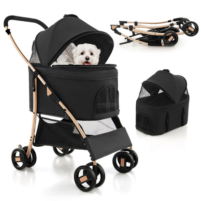 Black and gold dog stroller with a dog inside, shown with folded and upright views