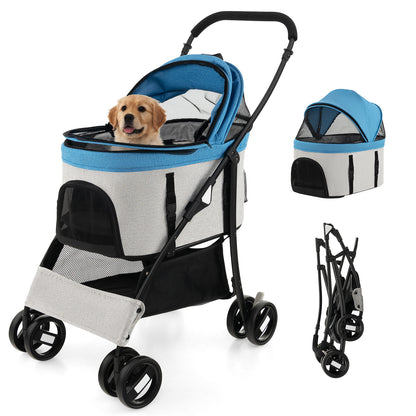The dog stroller shown in three configurations including folded and carrier mode