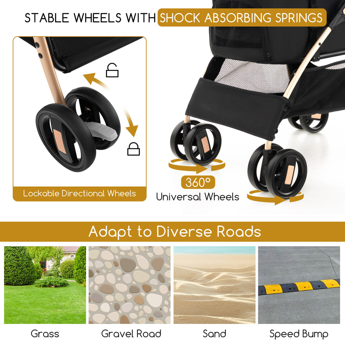 Wheels of the dog stroller with shock absorbing springs and directional lock