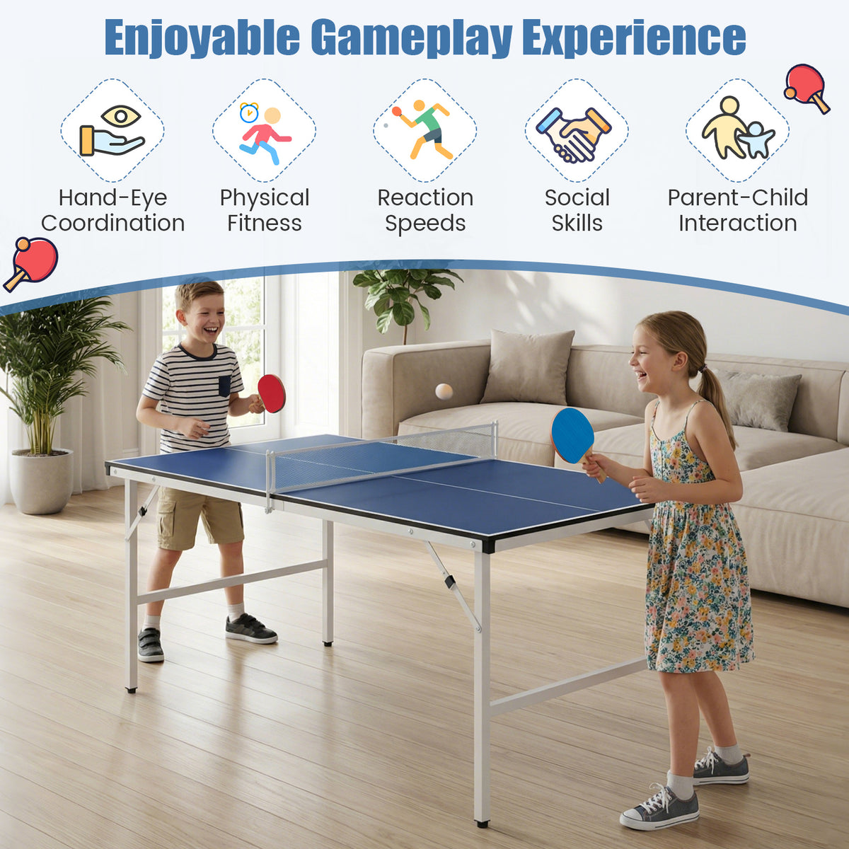 Children enjoying a game of ping pong on the foldable table indoors